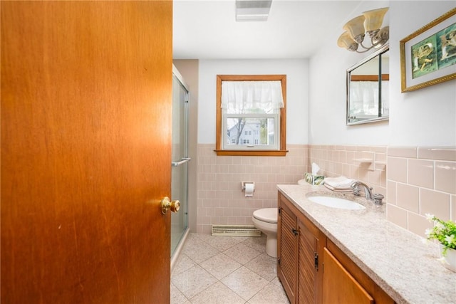 bathroom with toilet, tile patterned flooring, visible vents, and a shower stall