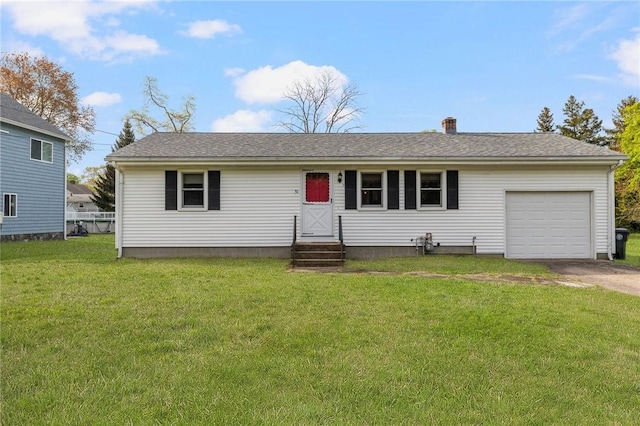 ranch-style home with concrete driveway, a front yard, a chimney, and an attached garage