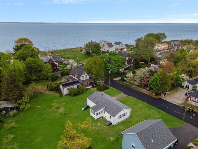 aerial view with a water view and a residential view