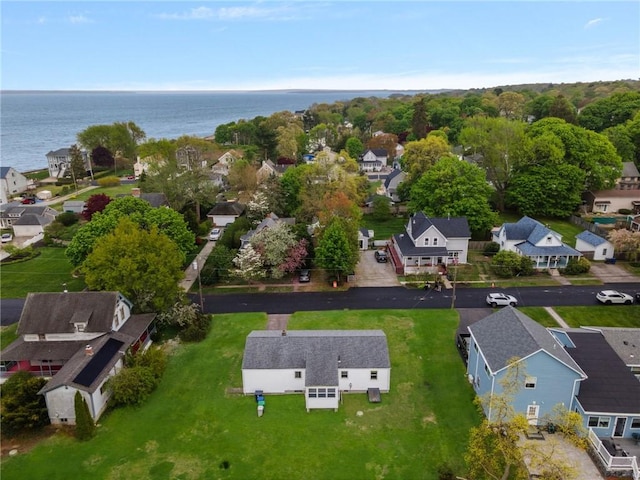 aerial view with a water view and a residential view