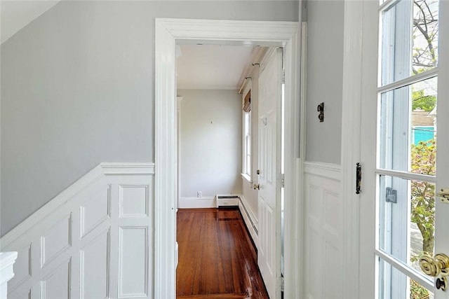 hall with wainscoting, crown molding, a decorative wall, and dark wood-type flooring