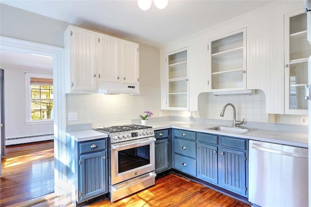 kitchen featuring a sink, stainless steel appliances, baseboard heating, under cabinet range hood, and blue cabinetry