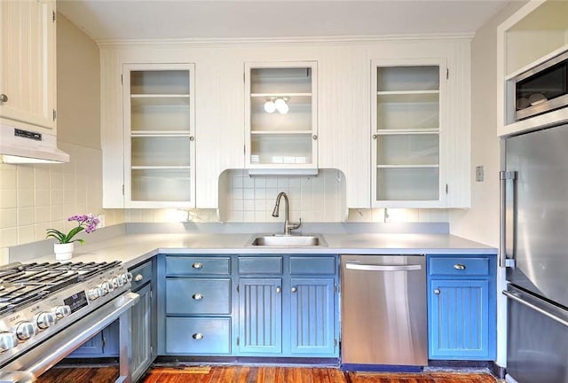 kitchen with a sink, under cabinet range hood, decorative backsplash, blue cabinetry, and appliances with stainless steel finishes