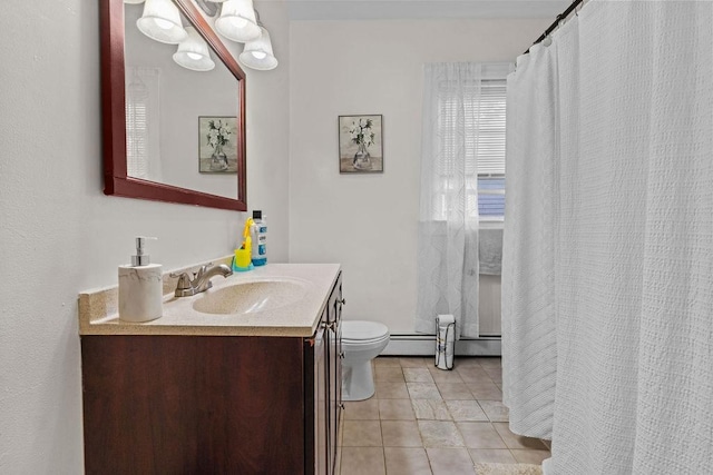 bathroom with toilet, baseboard heating, tile patterned floors, and vanity