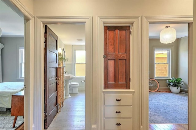 hall with baseboards, a healthy amount of sunlight, and wood finished floors