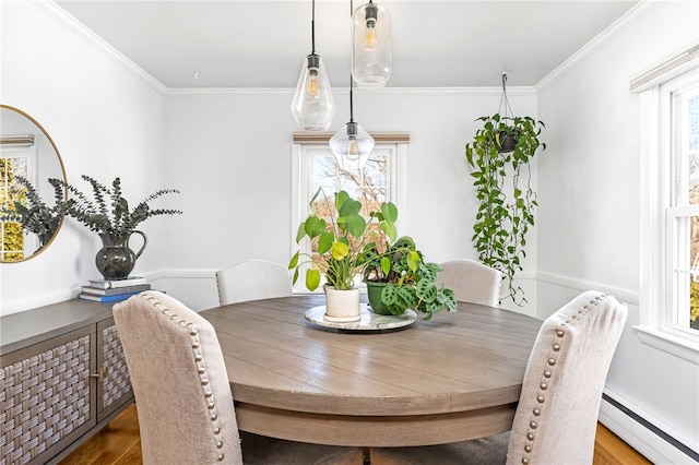 dining area with a baseboard radiator, crown molding, and wood finished floors