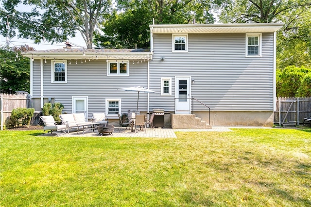 back of property featuring a patio, cooling unit, fence, a lawn, and entry steps
