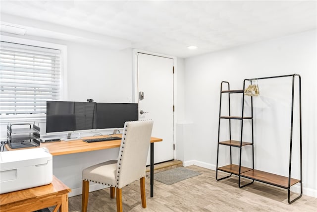 office with recessed lighting, baseboards, and wood finished floors