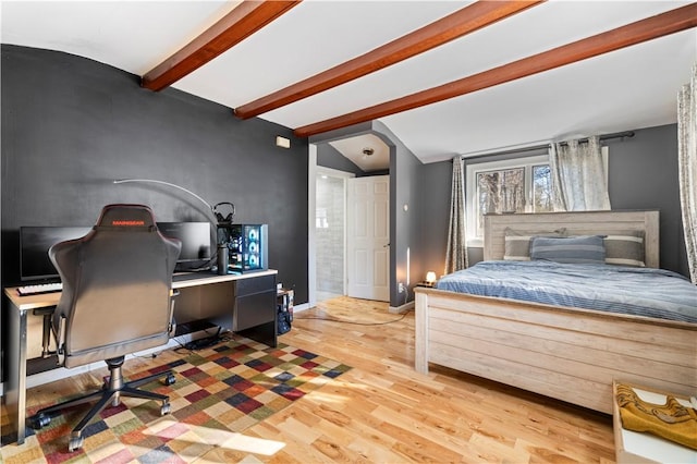 215 Rocky Point Ave, Warwick, RI 02889 - bedroom with light wood-style floors, baseboards, and vaulted ceiling with beams