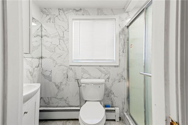 215 Rocky Point Ave, Warwick, RI 02889 - bathroom featuring a marble finish shower, baseboard heating, and vanity