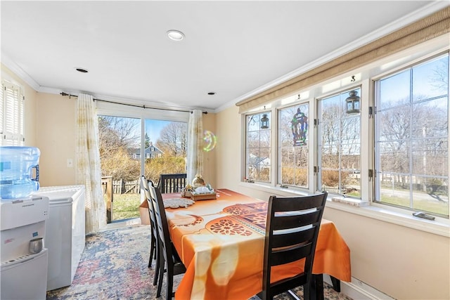 215 Rocky Point Ave, Warwick, RI 02889 - dining room with baseboards, ornamental molding, and recessed lighting
