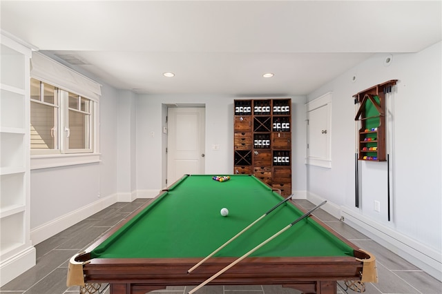 playroom with billiards, baseboards, and recessed lighting