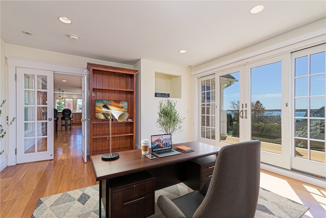 office area featuring french doors, recessed lighting, and light wood-style flooring