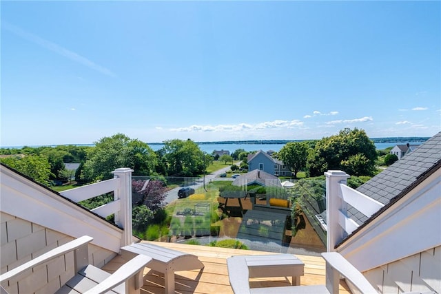 exterior space with a water view