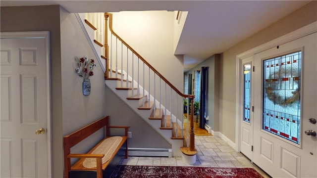 4 Tray Hollow Rd, Foster, RI 02825 - entrance foyer with a baseboard heating unit, stairs, baseboards, and stone finish flooring