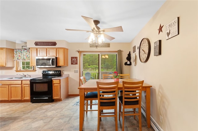 51 Mill Rd, Foster, RI 02825 - kitchen featuring black / electric stove, stainless steel microwave, light countertops, a ceiling fan, and light brown cabinetry
