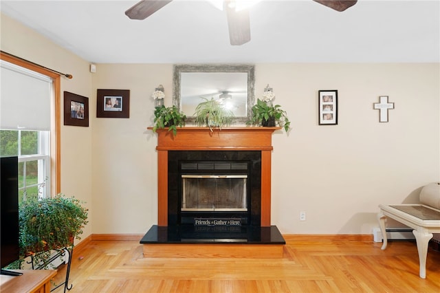 51 Mill Rd, Foster, RI 02825 - living room with ceiling fan, a glass covered fireplace, and baseboards