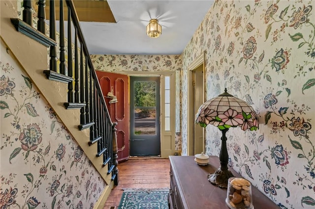 48 Highview Ave, Hopkinton, RI 02832 - foyer featuring wallpapered walls, hardwood / wood-style floors, and stairs