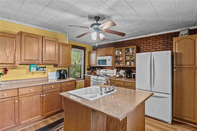 48 Highview Ave, Hopkinton, RI 02832 - kitchen featuring white appliances, light wood-style flooring, light countertops, and ceiling fan