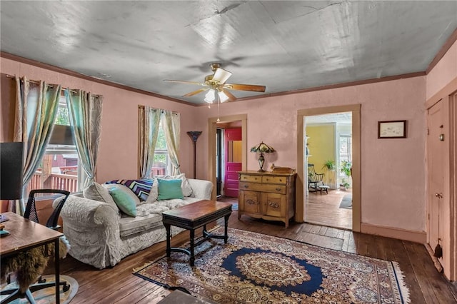 48 Highview Ave, Hopkinton, RI 02832 - living room with wood-type flooring, ceiling fan, and ornamental molding