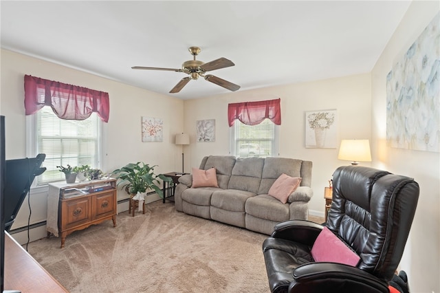 141 Burns St, Providence, RI 02904 - living area featuring a wealth of natural light, carpet floors, a ceiling fan, and baseboard heating