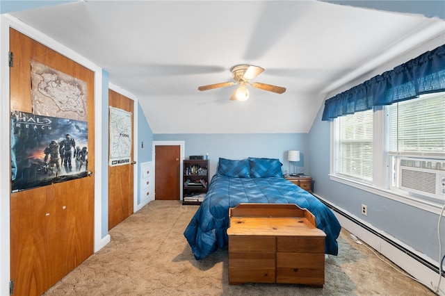 141 Burns St, Providence, RI 02904 - bedroom with cooling unit, light carpet, ceiling fan, a baseboard heating unit, and vaulted ceiling