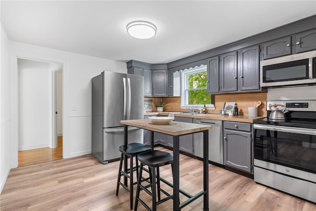 kitchen with light wood finished floors, stainless steel appliances, baseboards, backsplash, and light countertops