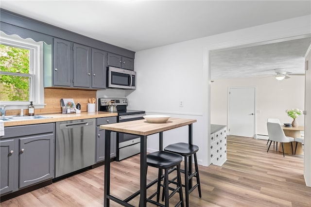 kitchen featuring light wood-style flooring, a sink, stainless steel appliances, backsplash, and light countertops