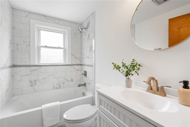 full bath featuring bathing tub / shower combination, toilet, visible vents, and vanity