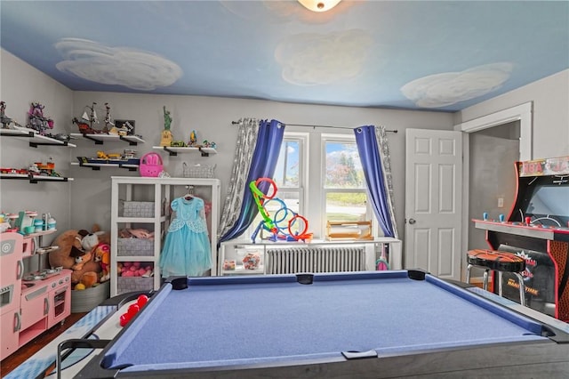 recreation room with radiator and pool table