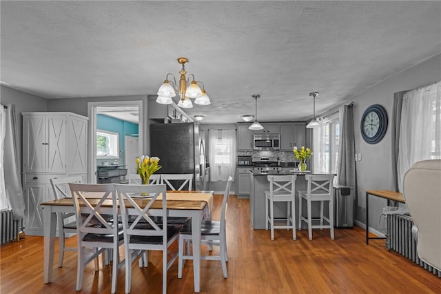 dining room featuring a textured ceiling, a wealth of natural light, wood finished floors, and a notable chandelier