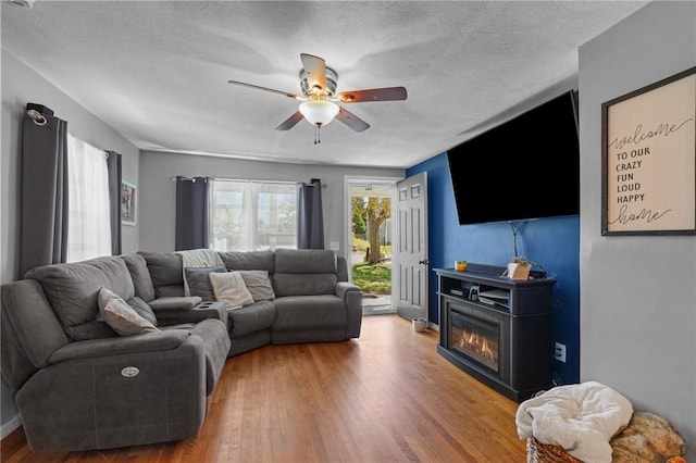 living area featuring ceiling fan, a textured ceiling, and wood finished floors