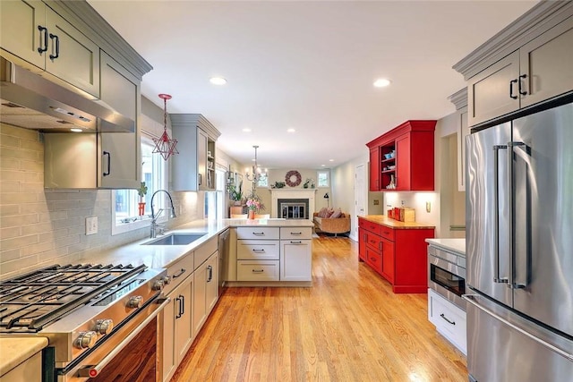 kitchen featuring premium appliances, a sink, under cabinet range hood, light wood-style flooring, and light countertops