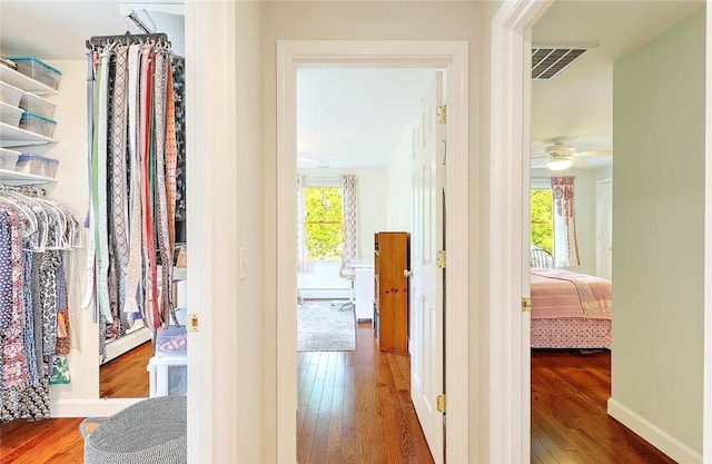hallway with hardwood / wood-style floors, plenty of natural light, and baseboards
