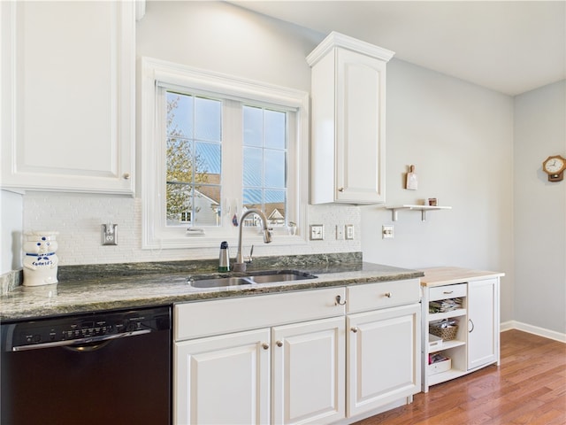 6 Yarmouth Cir S, Kingstown, RI 02879 - kitchen with black dishwasher, open shelves, a sink, and tasteful backsplash