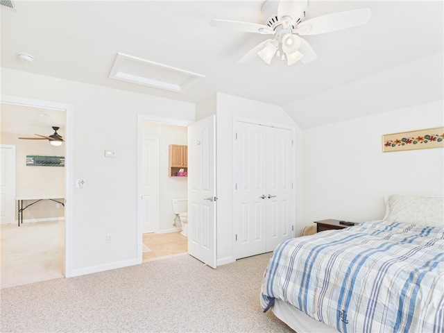 6 Yarmouth Cir S, Kingstown, RI 02879 - bedroom with a closet, attic access, baseboards, ceiling fan, and light carpet