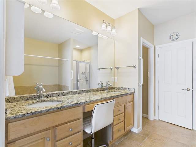 6 Yarmouth Cir S, Kingstown, RI 02879 - bathroom featuring a stall shower, tile patterned flooring, double vanity, and a sink