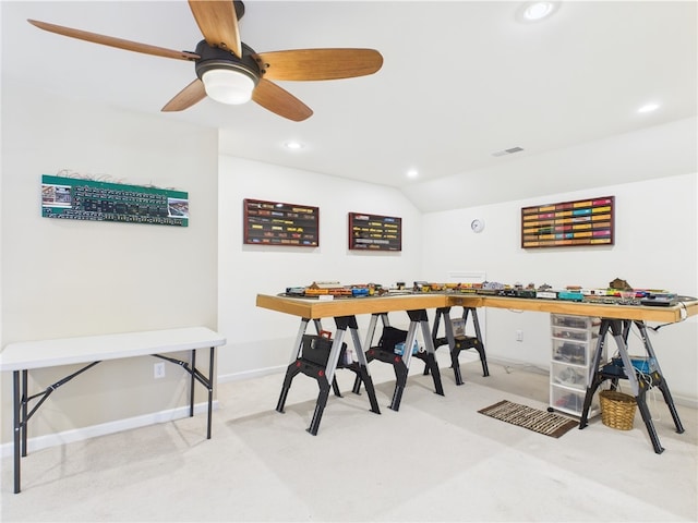 6 Yarmouth Cir S, Kingstown, RI 02879 - dining space with a ceiling fan, recessed lighting, carpet, baseboards, and vaulted ceiling