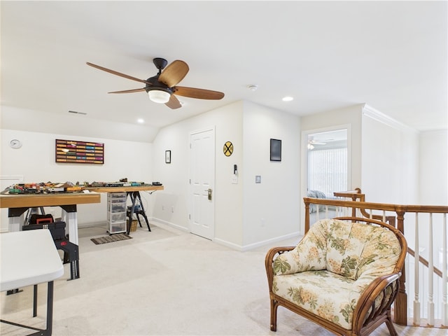 6 Yarmouth Cir S, Kingstown, RI 02879 - interior space with light colored carpet, baseboards, a ceiling fan, and visible vents