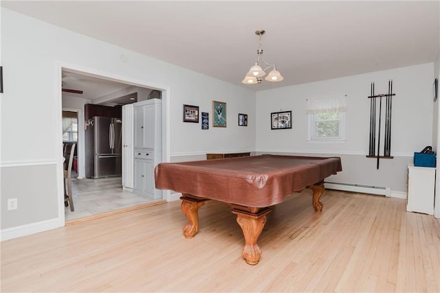 recreation room with baseboards, pool table, baseboard heating, and light wood-style flooring