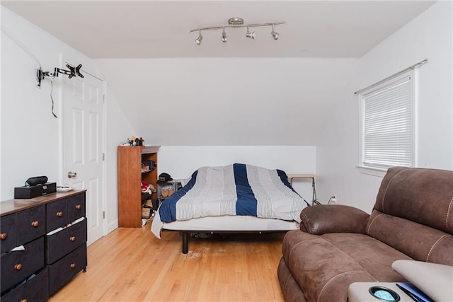 interior space featuring light wood finished floors and vaulted ceiling