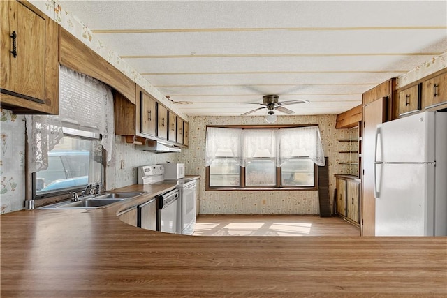 kitchen with a sink, white appliances, under cabinet range hood, a wealth of natural light, and wallpapered walls