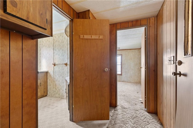 hallway featuring wooden walls