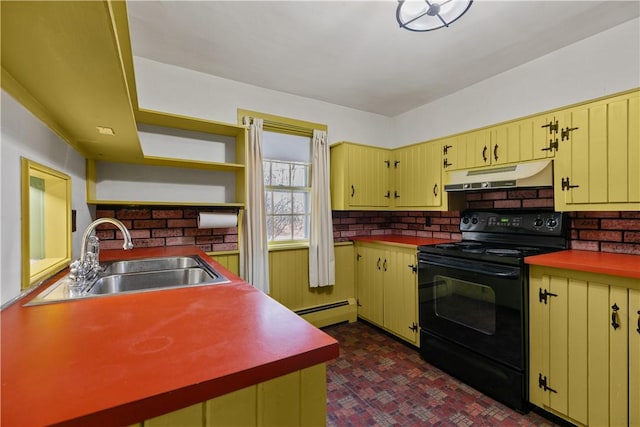 kitchen featuring under cabinet range hood, yellow cabinets, a sink, open shelves, and black electric range