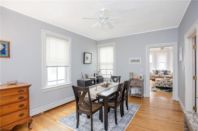 85 Mill St, Newport, RI 02840 - dining space featuring ceiling fan, a baseboard radiator, light wood-style flooring, and crown molding