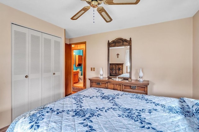 bedroom featuring a closet, a ceiling fan, and connected bathroom