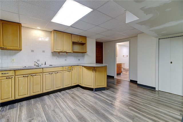 kitchen featuring a drop ceiling, a sink, light countertops, tasteful backsplash, and light wood-type flooring