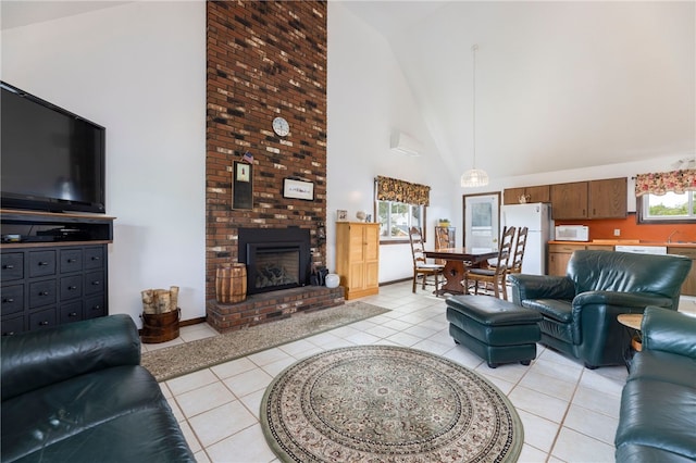 82 Uzzi Ave, Westerly, RI 02891 - living room with a fireplace, light tile patterned flooring, and high vaulted ceiling