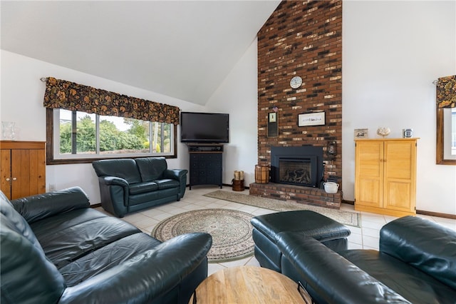 82 Uzzi Ave, Westerly, RI 02891 - tiled living area with baseboards, a brick fireplace, and high vaulted ceiling