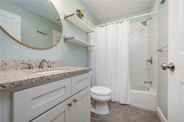 full bath with toilet, vanity, and shower / bath combination with curtain